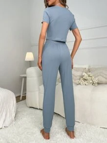 Ribbed Knit Knot Front Lounge Set - Dusty Blue - View 2