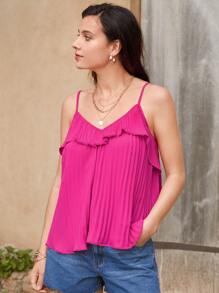 SHEIN Frenchy Áo hai dây Xếp li Xù màu trơn Boho - Màu Hồng Tươi - Xem 5