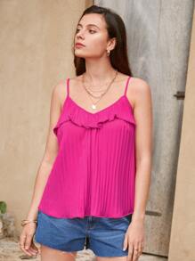 SHEIN Frenchy Áo hai dây Xếp li Xù màu trơn Boho - Màu Hồng Tươi - Xem 6