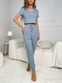 Ribbed Knit Knot Front Lounge Set - Dusty Blue - View 4