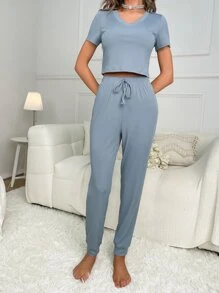 Ribbed Knit Knot Front Lounge Set - Dusty Blue - View 5