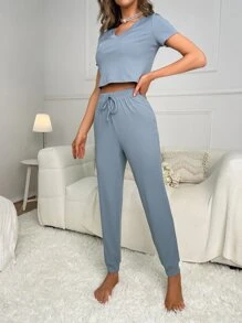 Ribbed Knit Knot Front Lounge Set - Dusty Blue - View 6