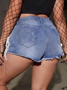 SHEIN Plus High Waist Ripped Fringe Trim Denim Shorts - Medium Wash - View 4
