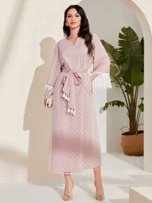 Modelyn Geo Print Fringe Trim Notched Neck Belted Dress - Baby Pink - View 1