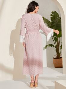 Modelyn Geo Print Fringe Trim Notched Neck Belted Dress - Baby Pink - View 2