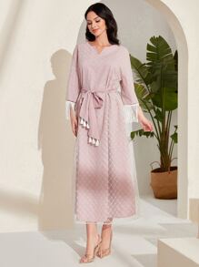 Modelyn Geo Print Fringe Trim Notched Neck Belted Dress - Baby Pink - View 4