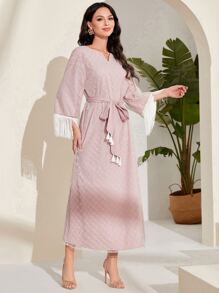 Modelyn Geo Print Fringe Trim Notched Neck Belted Dress - Baby Pink - View 5