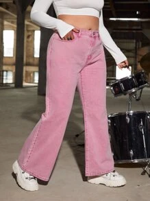 SHEIN ICON Plus Slant Pocket Flare Leg Jeans - Baby Pink - View 1