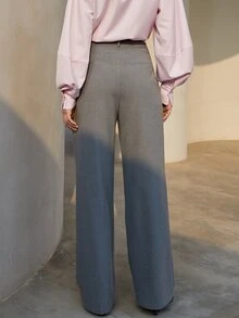 Solid Fold Pleated Straight Leg Trousers - Grey - View 2