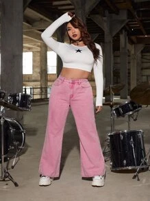 SHEIN ICON Plus Slant Pocket Flare Leg Jeans - Baby Pink - View 3