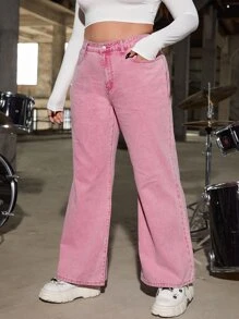 SHEIN ICON Plus Slant Pocket Flare Leg Jeans - Baby Pink - View 4