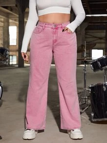 SHEIN ICON Plus Slant Pocket Flare Leg Jeans - Baby Pink - View 5