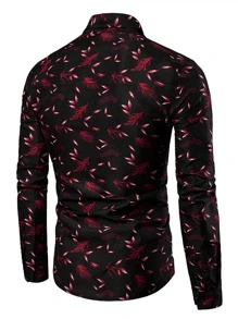 Men Leaf Print Button Up Shirt - Black - View 2