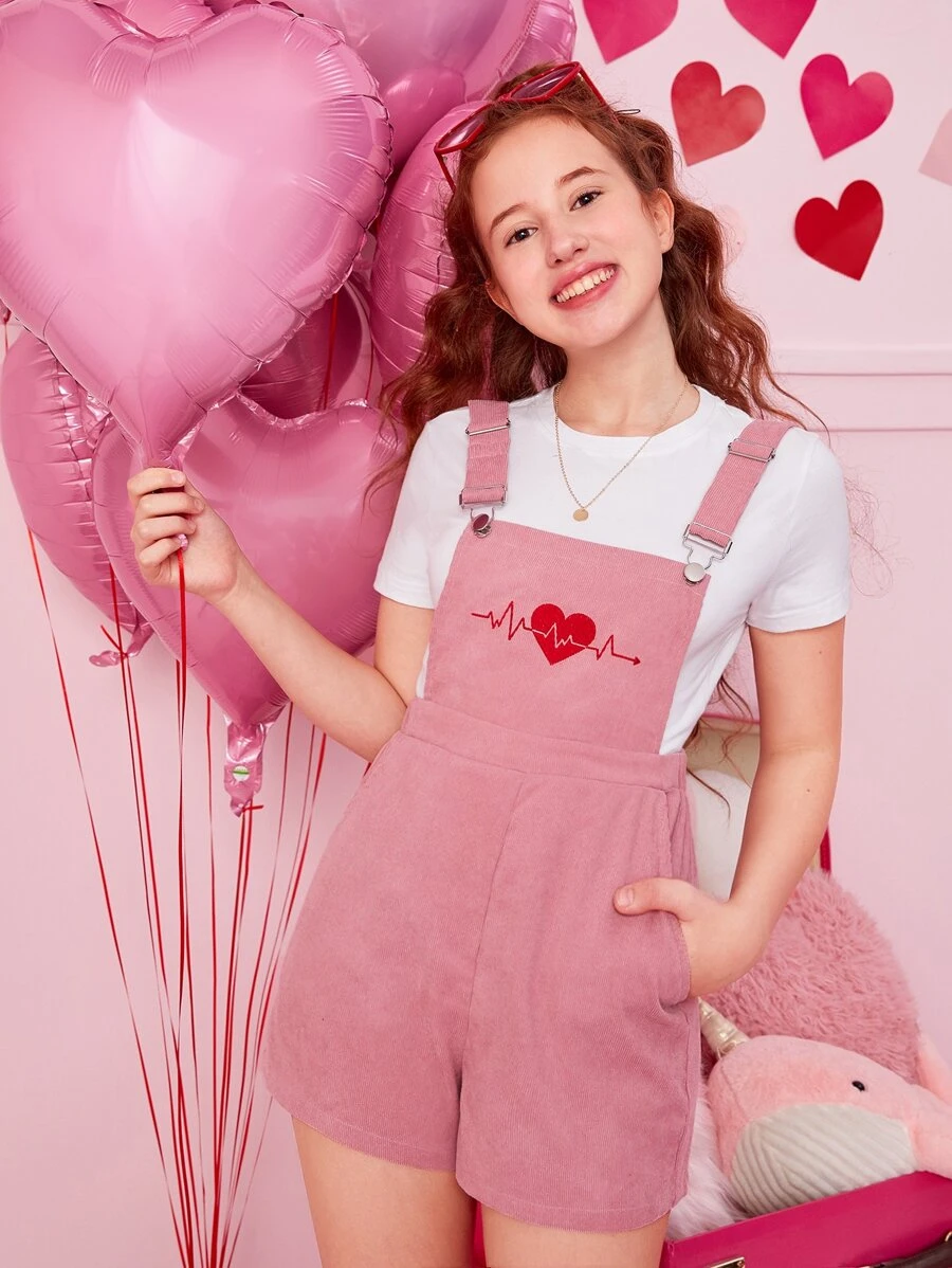 SHEIN Teen Girls Heart Print Overall Romper Without Tee - Pink - View 1