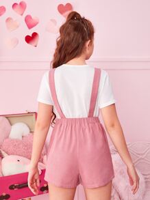 SHEIN Teen Girls Heart Print Overall Romper Without Tee - Pink - View 2
