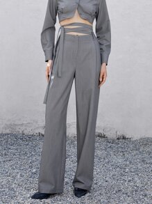 Crisscross Knot Waist Straight Leg Pants - Dark Grey - View 1