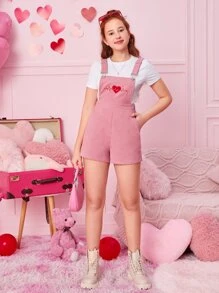 SHEIN Teen Girls Heart Print Overall Romper Without Tee - Pink - View 3
