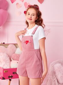 SHEIN Teen Girls Heart Print Overall Romper Without Tee - Pink - View 4
