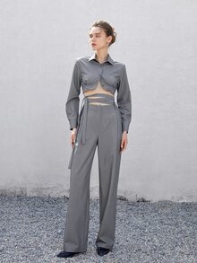 Crisscross Knot Waist Straight Leg Pants - Dark Grey - View 3