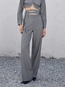 Crisscross Knot Waist Straight Leg Pants - Dark Grey - View 4