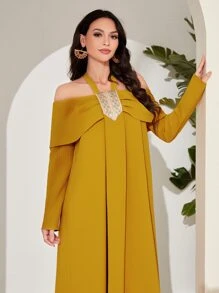 Modelyn Halter Neck Embroidery Detail Dress - Mustard Yellow - View 4
