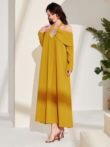 Modelyn Halter Neck Embroidery Detail Dress - Mustard Yellow - View 5