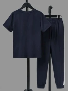 SHEIN Boys Colourblock Letter Patched Detail Tee & Joggers - Navy Blue - View 2