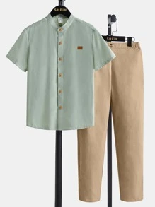 SHEIN Boys Patched Detail Button Front Shirt & Trousers - Multicolor - View 1