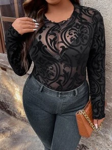 Flirla Plus Baroque Print Mesh Top Without Bra - Black - View 2