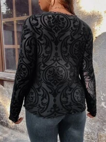 Flirla Plus Baroque Print Mesh Top Without Bra - Black - View 3