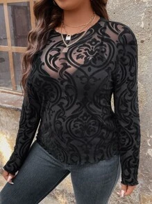 Flirla Plus Baroque Print Mesh Top Without Bra - Black - View 5