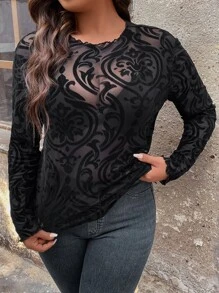 Flirla Plus Baroque Print Mesh Top Without Bra - Black - View 7