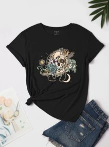 SHEIN LUNE 骷髏和印花T恤 - 黑色 - 查看 1