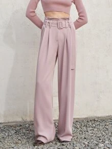 Slant Pocket Belted Straight Leg Suit Trousers - Baby Pink - View 1