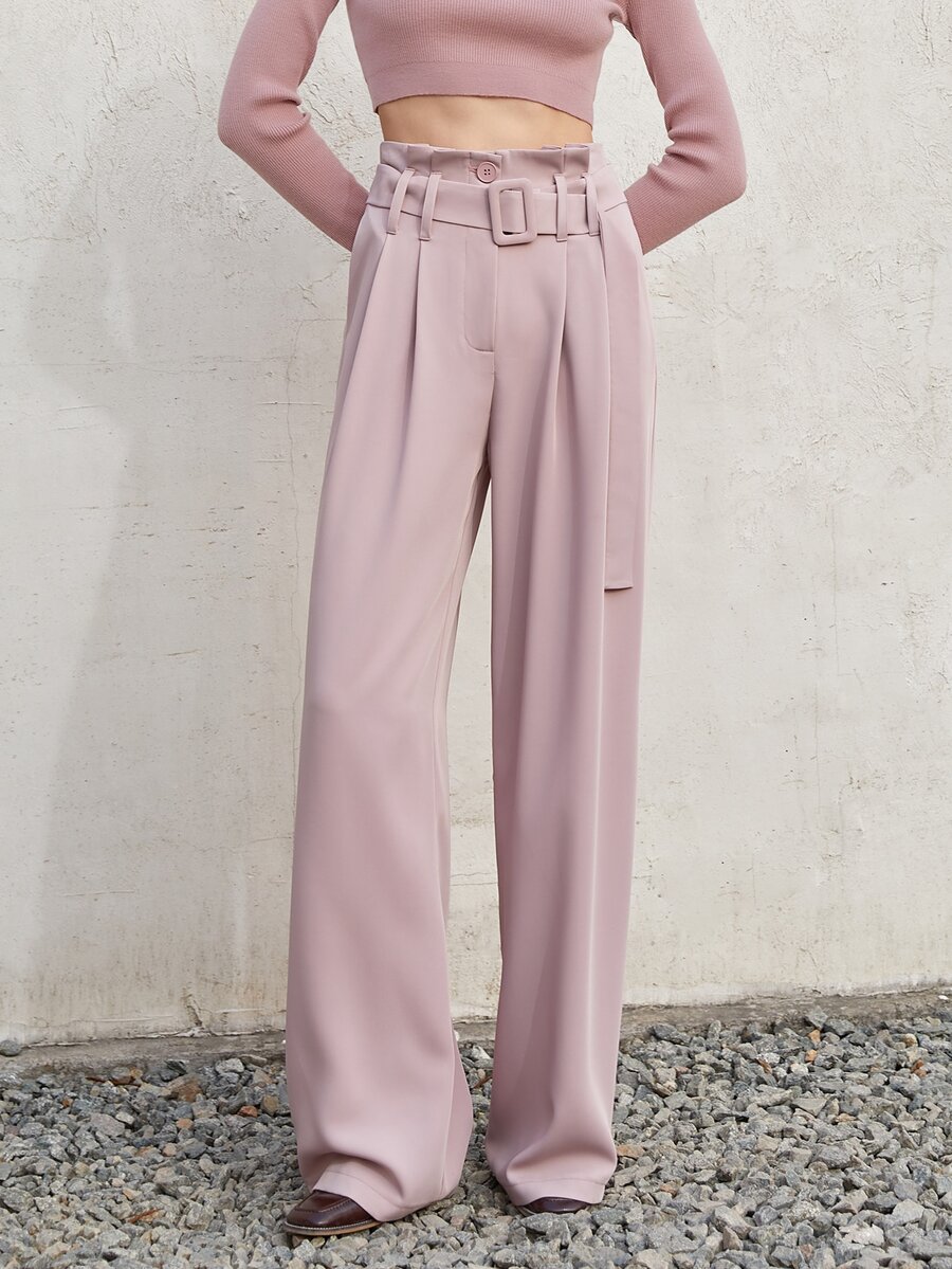 Slant Pocket Belted Straight Leg Suit Trousers - Baby Pink - View 1