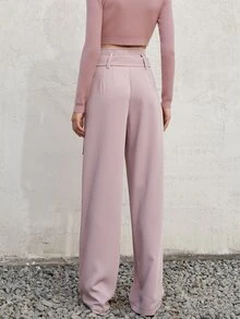 Slant Pocket Belted Straight Leg Suit Trousers - Baby Pink - View 2