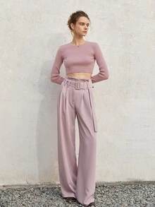 Slant Pocket Belted Straight Leg Suit Trousers - Baby Pink - View 4