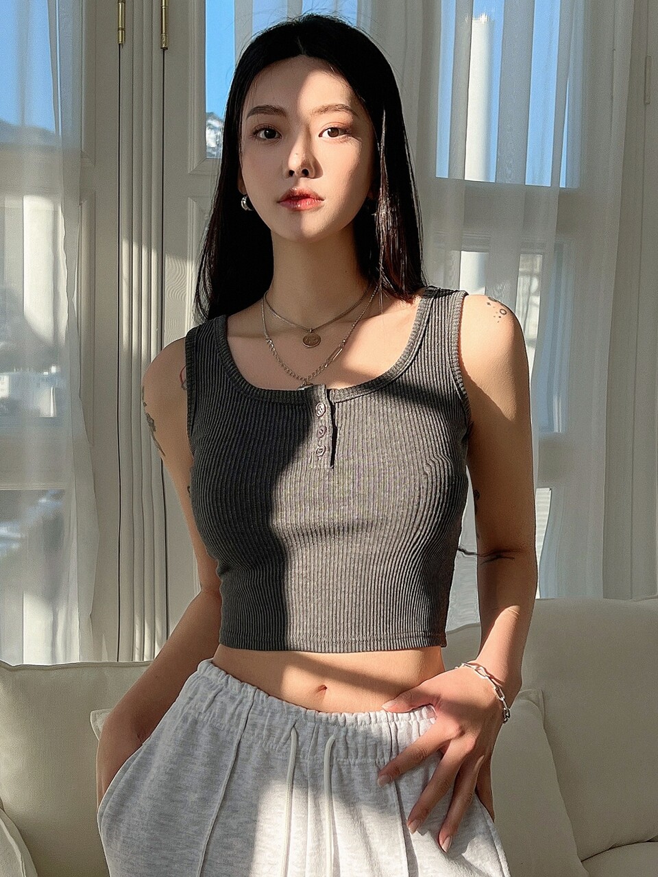 Half Button Ribbed Knit Crop Tank Top