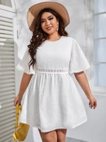 SHEIN VCAY Plus Eyelet Embroidery Guipure Lace Insert Dress - White - View 1