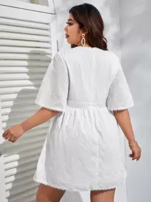 SHEIN VCAY Plus Eyelet Embroidery Guipure Lace Insert Dress - White - View 2