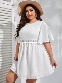 SHEIN VCAY Plus Eyelet Embroidery Guipure Lace Insert Dress - White - View 3