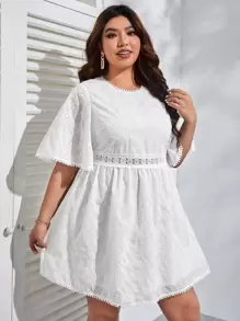 SHEIN VCAY Plus Eyelet Embroidery Guipure Lace Insert Dress - White - View 5