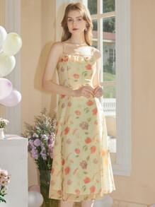 Vestido de tirantes con estampado floral ribete con fruncido - Amarillo - Ver 2