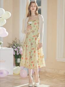 Vestido de tirantes con estampado floral ribete con fruncido - Amarillo - Ver 6