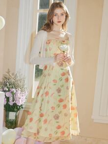 Vestido de tirantes con estampado floral ribete con fruncido - Amarillo - Ver 8