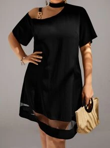 SHEIN Clasi Vestido de cuello asimétrico de malla en contraste - Negro - Ver 1