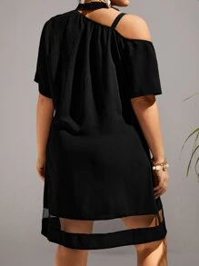 SHEIN Clasi Vestido de cuello asimétrico de malla en contraste - Negro - Ver 2