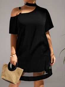 SHEIN Clasi Vestido de cuello asimétrico de malla en contraste - Negro - Ver 3