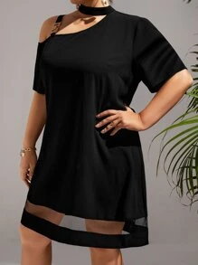 SHEIN Clasi Vestido de cuello asimétrico de malla en contraste - Negro - Ver 5