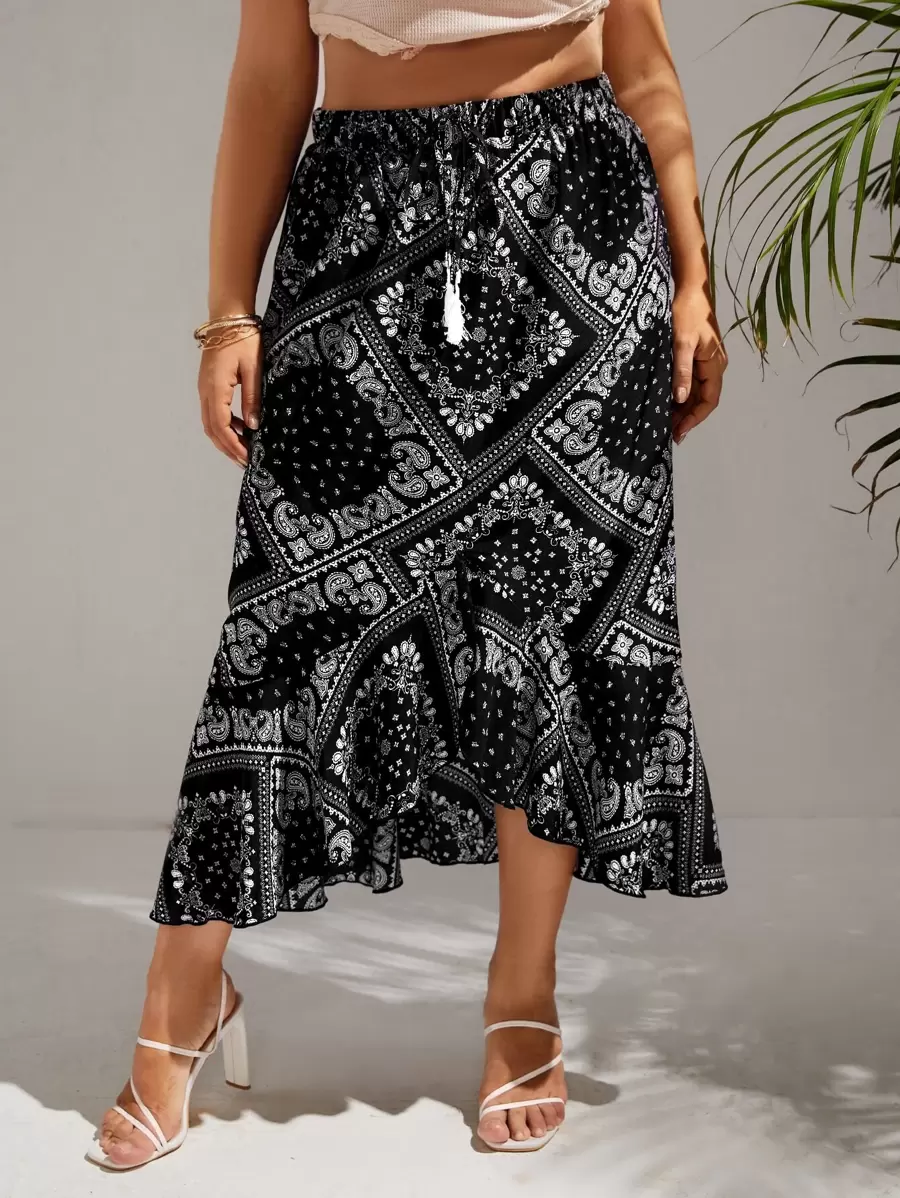SHEIN VCAY Plus Paisley Scarf Print Asymmetrical Hem Summer Skirt - Black and White - View 1